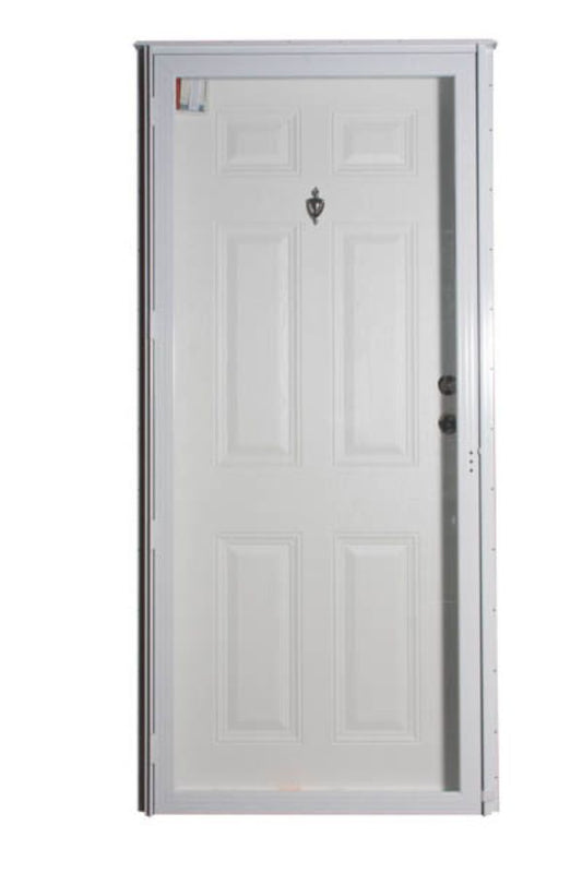 34" X 76" LEFT HAND 6-PANEL WHITE/WHITE CORE 4" JAMB WHITE ALL GLASS STORM